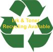 Recycling icon with ink and toner recycling available written over it